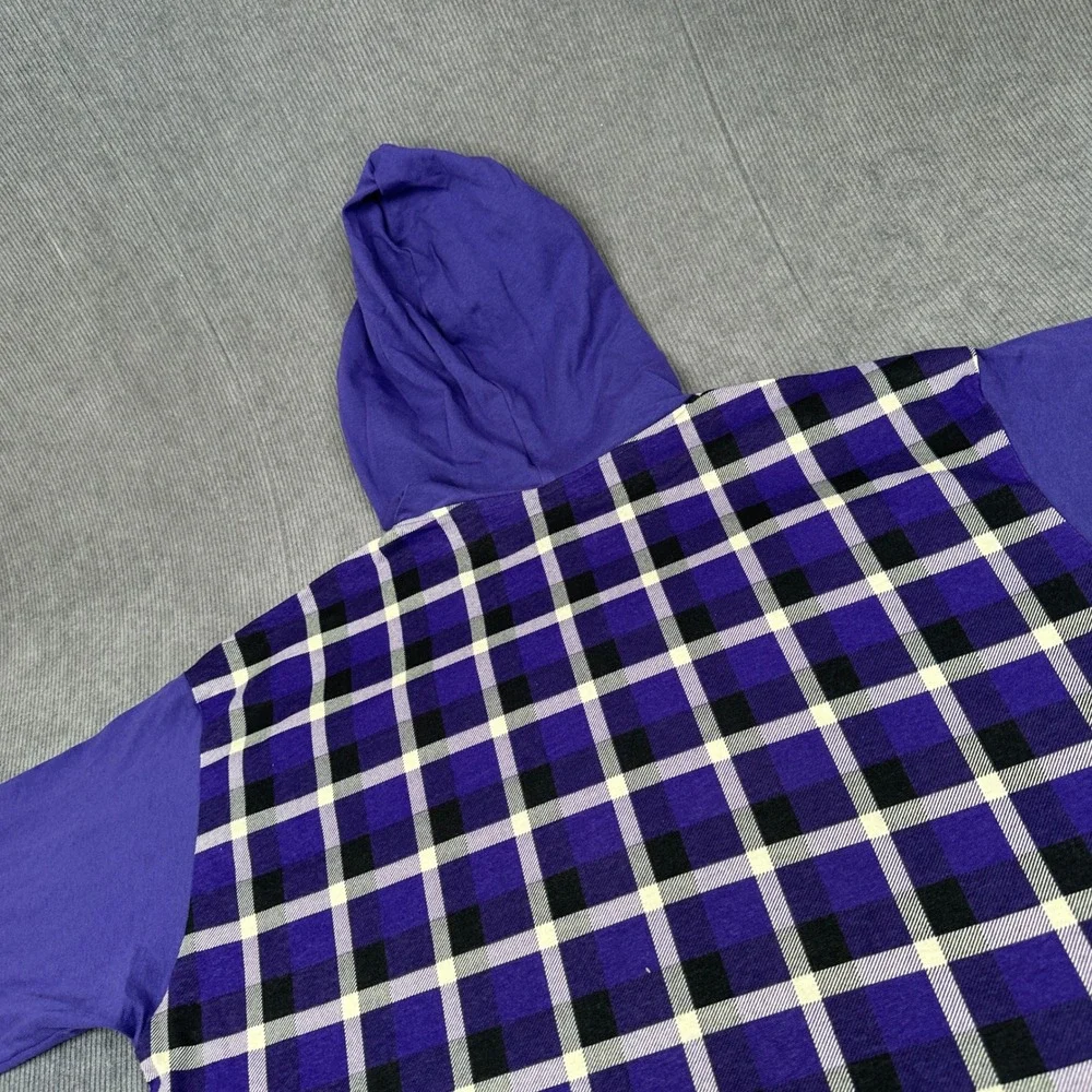 Vintage Hooded 90s Surf Shirt Purple Plaid Short Sleeve Pullover Checkered Y2K